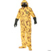 Yellow hazmat suit with brown stain pattern, black gas mask with goggles, black gloves, and radiation symbol on chest.