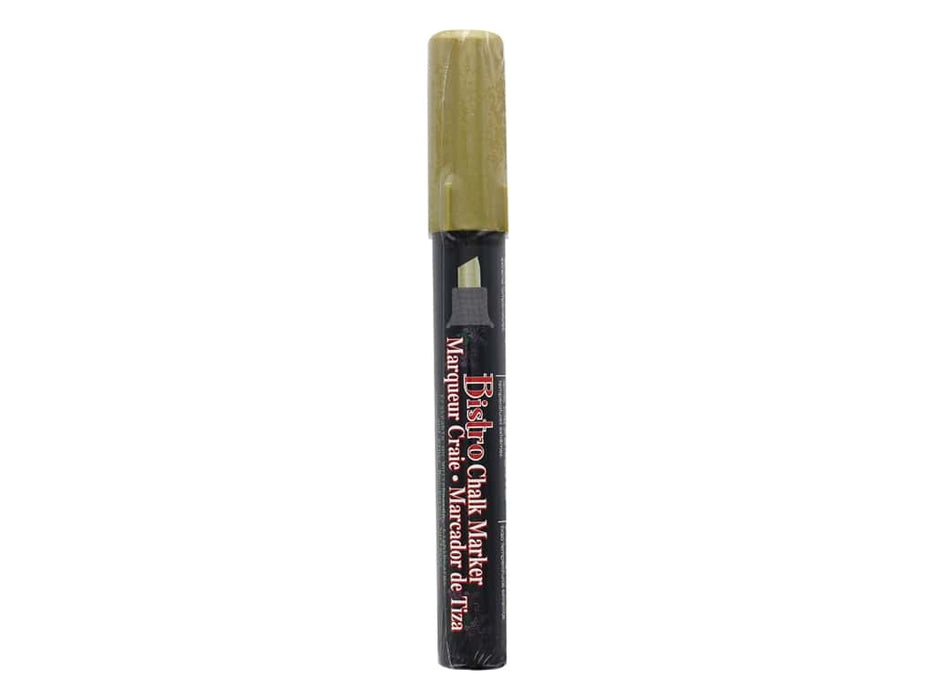 Black chalk marker with olive green cap and chisel tip, featuring red and white text on the barrel.