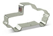 Silver metal goldfish-shaped cookie cutter with flat rectangular handle, shown from above at an angle against white background.