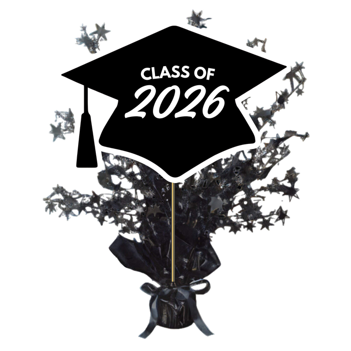 Black graduation cap centerpiece spray with silver stars and confetti bursting upward, featuring white "Class of 2026" text on the mortarboard and a black ribbon-tied base.