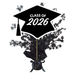 Black graduation cap centerpiece spray with silver stars and confetti bursting upward, featuring white "Class of 2026" text on the mortarboard and a black ribbon-tied base.