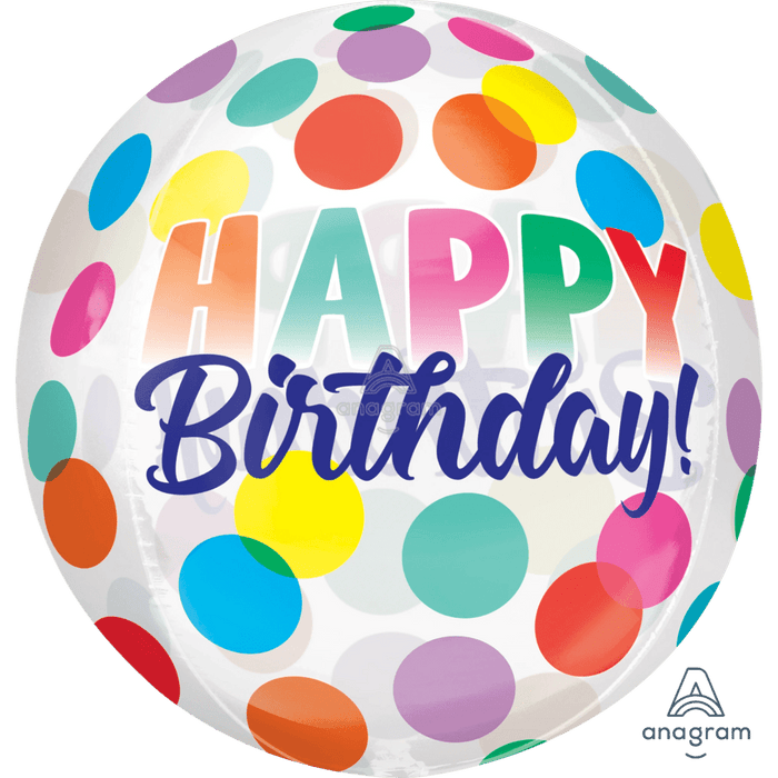 Clear oval balloon with colorful polka dots in blue, yellow, pink, green, orange, and purple, featuring "HAPPY Birthday!" text in gradient and script lettering.