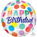 Clear oval balloon with colorful polka dots in blue, yellow, pink, green, orange, and purple, featuring "HAPPY Birthday!" text in gradient and script lettering.