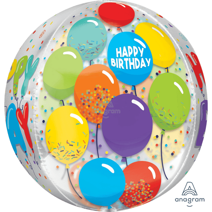 Spherical foil balloon with colorful illustrated balloons and "Happy Birthday" text on a white background with confetti design.