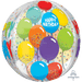 Spherical foil balloon with colorful illustrated balloons and "Happy Birthday" text on a white background with confetti design.