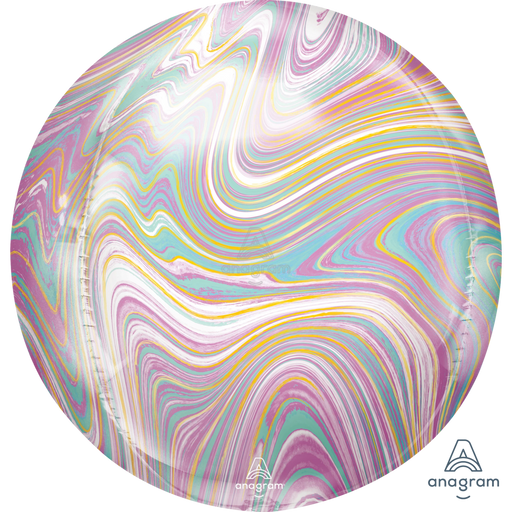 Spherical marble-textured balloon featuring swirling pastel stripes in pink, purple, yellow, turquoise, and white in a circular pattern.