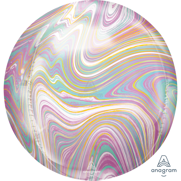 Spherical marble-textured balloon featuring swirling pastel stripes in pink, purple, yellow, turquoise, and white in a circular pattern.
