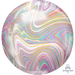 Spherical marble-textured balloon featuring swirling pastel stripes in pink, purple, yellow, turquoise, and white in a circular pattern.