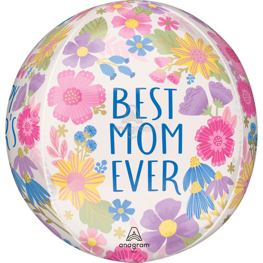 Orbz balloon with "BEST MOM EVER" text in blue surrounded by colorful illustrated flowers in pink, purple, yellow, and blue on a white background.