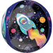 Spherical foil balloon featuring a teal and white rocket ship in the center surrounded by colorful planets, stars, constellations, and a rainbow wave pattern against a deep blue space background.