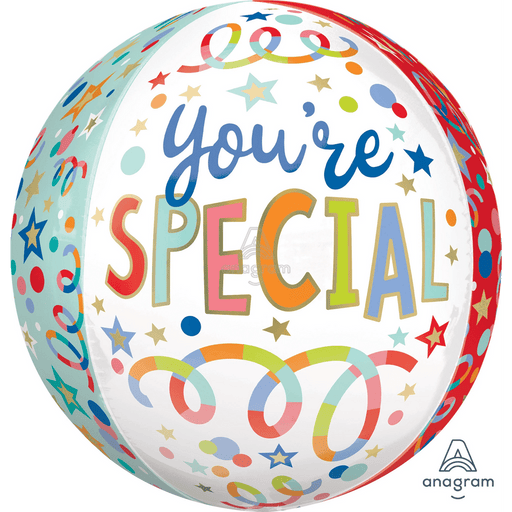 Colorful spherical foil balloon with "you're SPECIAL" in multicolored letters, surrounded by stars, dots, and ribbon streamers in blue, orange, green, and red.