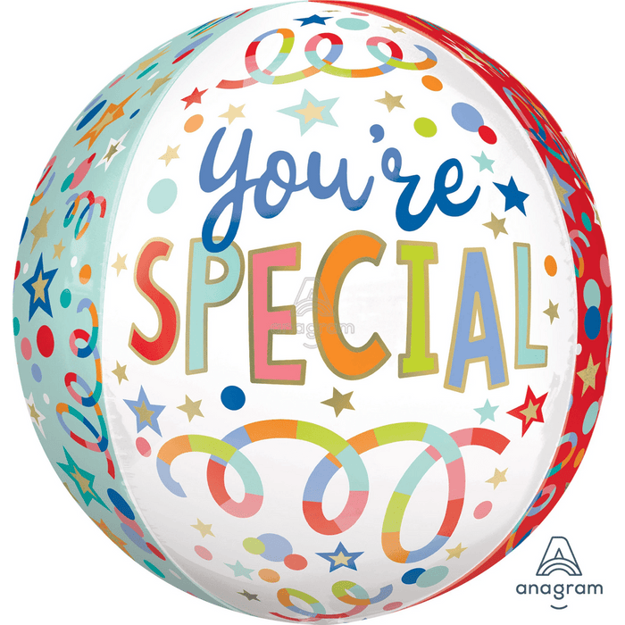 Colorful spherical foil balloon with "you're SPECIAL" in multicolored letters, surrounded by stars, dots, and ribbon streamers in blue, orange, green, and red.