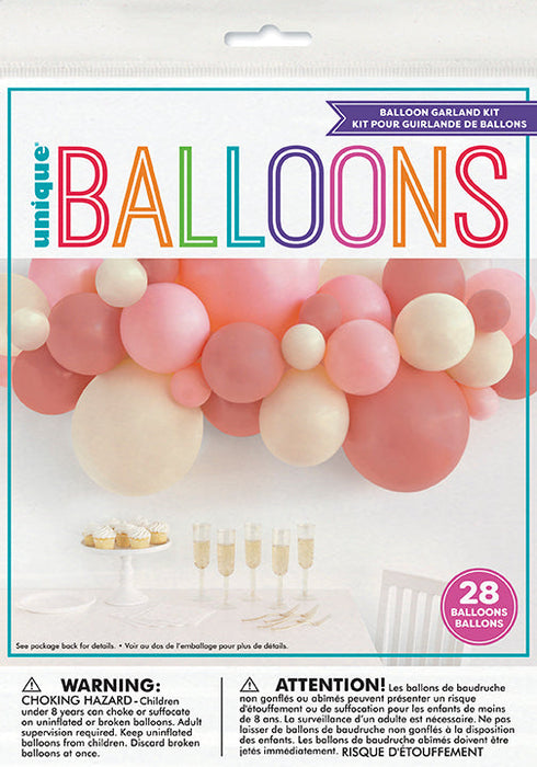 Double Stuffed Latex Balloon Arch Kit in Glam packaging with pink, blush, and cream balloon garland display and 28 balloons included.