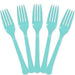 Five robin's egg blue plastic forks arranged in a row against a white background.