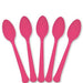 Five bright pink plastic spoons arranged in a fan pattern against a white background.