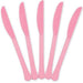 Five pink plastic knives arranged in a fan pattern against a white background.