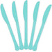 Set of five robin's egg blue plastic knives with textured handles arranged in a fan formation.