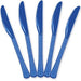 Set of five bright royal blue plastic knives with textured handles arranged in a fan pattern against a white background.