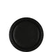 Black paper plate with ribbed edges and raised rim, shown from above against a white background.