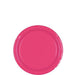 Bright pink disposable paper plate with ridged rim detail, shown from above against a white background.