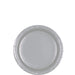 Silver disposable paper dessert plate with ridged edges and rim, shown from above against a white background.