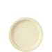 Vanilla cream colored round paper plate with ridged rim and embossed texture, shown from above on white background.