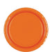 Bright orange round paper plate with ridged edges and a slightly darker orange rim, shown against a white background.