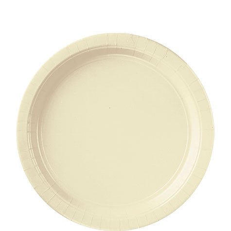 Cream-colored disposable paper plate with ridged edges and a shallow center well, shown from above on a white background.