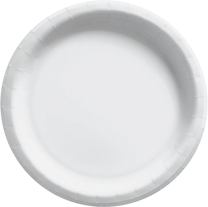 White disposable paper dinner plate with a ribbed rim edge, shown from above against a white background.
