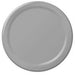 Silver round paper dinner plate with a slightly raised rim and glossy finish, shown from above.