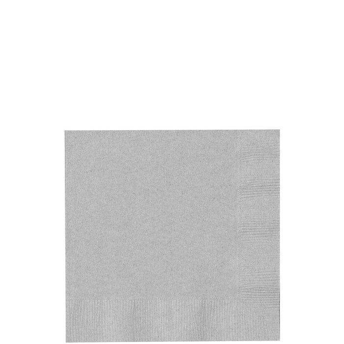 Stack of forty silver beverage napkins with a ribbed texture, shown folded in a square format.