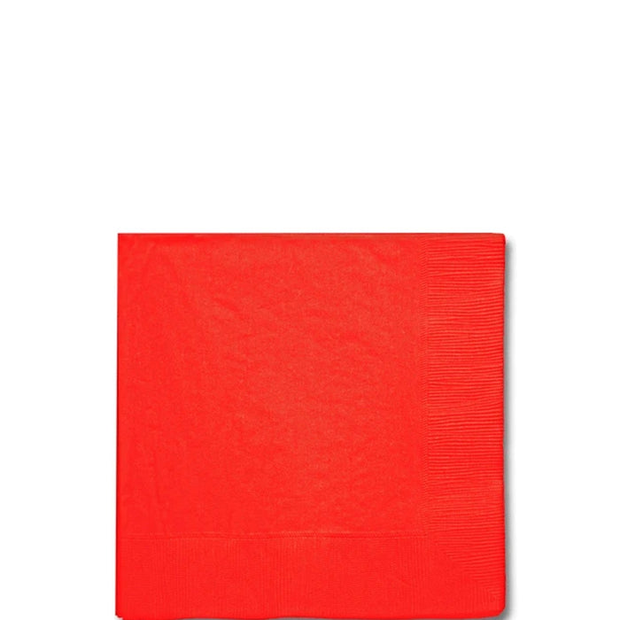 Bright red square napkins with ribbed texture edges arranged in a stack against a white background.
