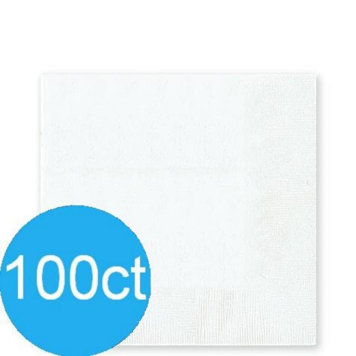 Stack of 100 white paper lunch napkins with a blue circular badge displaying "100ct" in the lower left corner.