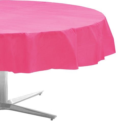 Bright pink round tablecloth draped over a table base, measuring 84 inches in diameter with a rippled fabric texture.