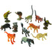 Twelve colorful plastic animal figurines including lemurs, monkeys, wildcats, and a spotted cat arranged on a white background.