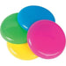 Four colorful plastic flying disks in neon green, bright yellow, vibrant blue, and hot pink stacked and overlapping against a white background.