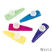 Five colorful plastic kazoos in green, blue, magenta, yellow, and purple arranged on a white background with white circular mouthpieces on each instrument.