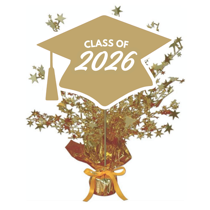Gold graduation cap with "Class of 2026" text on top of a metallic gold and red centerpiece spray with scattered gold stars and a gold ribbon bow at the base.