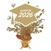 Gold graduation cap with "Class of 2026" text on top of a metallic gold and red centerpiece spray with scattered gold stars and a gold ribbon bow at the base.