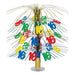 Gold foil centerpiece with cascading strands topped with colorful numbered cutouts in red, blue, green, and yellow.