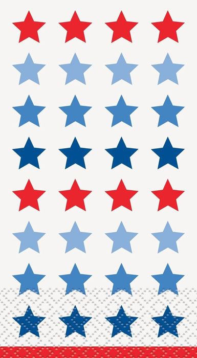 Red and blue stars arranged in horizontal rows on white napkins with a dotted pattern border and red stripe at the bottom, depicting a patriotic American flag design.