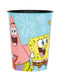Light blue plastic cup featuring SpongeBob SquarePants and Patrick Star with white flowers and a fishing rod design, black rim and interior.