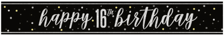 Black banner with white and gold confetti dots and white script text reading "happy 16th birthday" across the center.