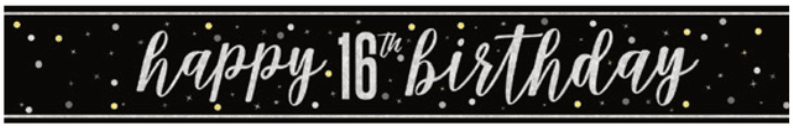Black banner with white and gold confetti dots and white script text reading "happy 16th birthday" across the center.