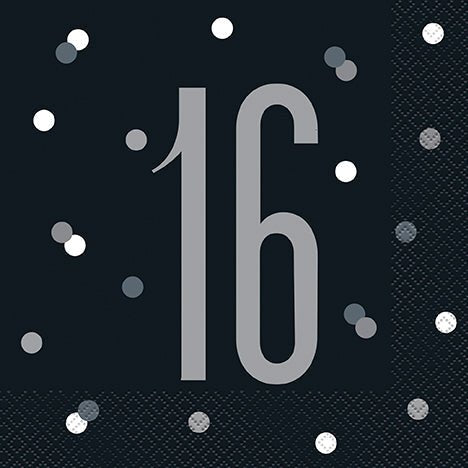 16th Birthday Black Lunch Napkins | 16ct