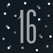 Black napkins featuring a large silver number 16 surrounded by white and gray decorative dots on a dark background.