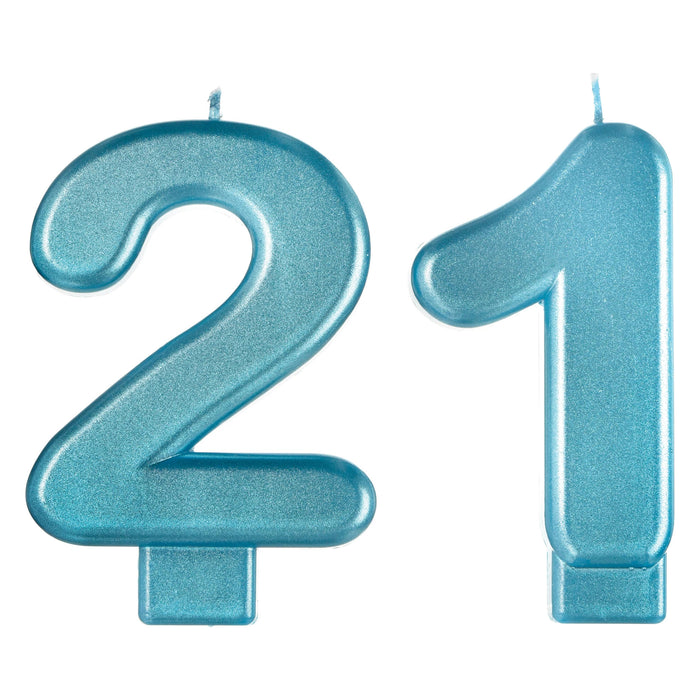 Finally 21 numeral candles in metallic blue, shaped as the numbers 2 and 1, designed for a 21st birthday cake.