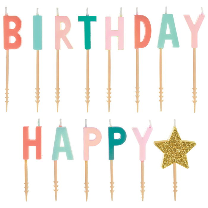 Happy Cake Day Pick Candle set with pastel letter candles spelling Happy Birthday and a glittery gold star candle on pick-style holders.