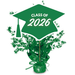 Green graduation cap centerpiece with star decorations and "Class of 2026" text, mounted on a green foil-wrapped base with ribbon bow.