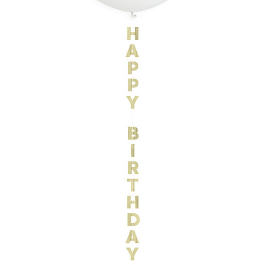 Gold 4-foot Happy Birthday balloon string with vertical gold letters hanging below a white balloon on a light background.